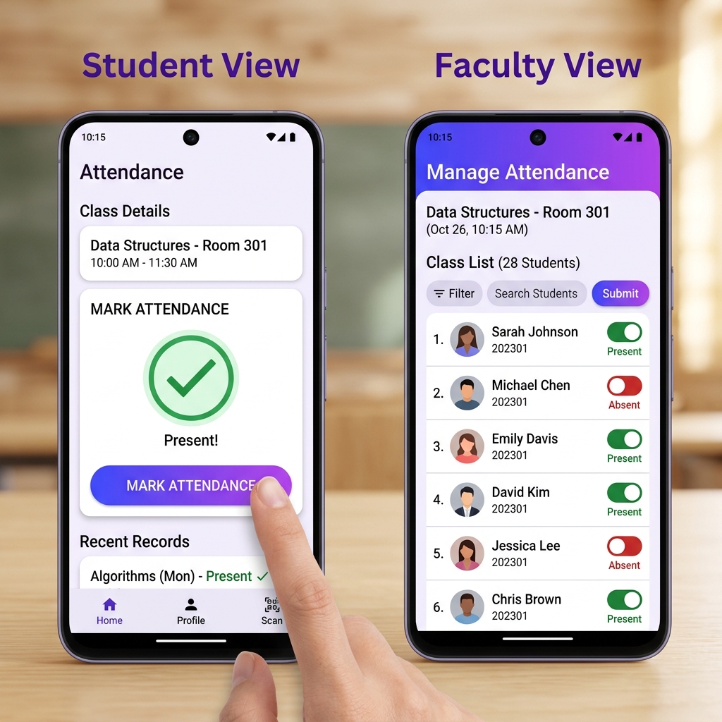 AttendPro Flutter mobile app — student and faculty views