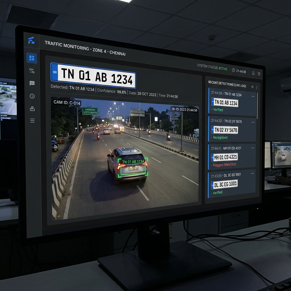 RoadCams ANPR Dashboard — real-time detection feed with log sidebar