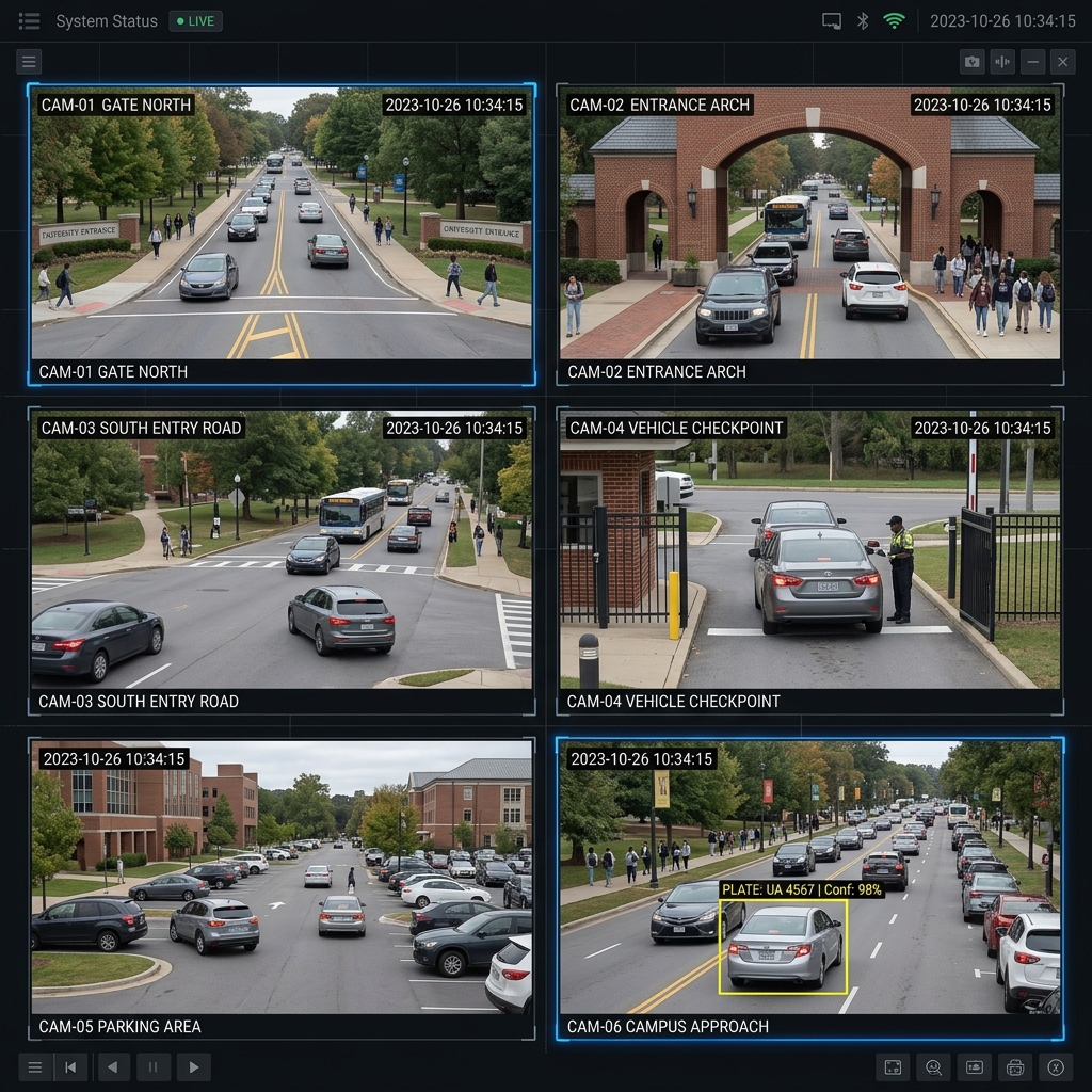 Multi-camera surveillance grid showing 6 campus feeds